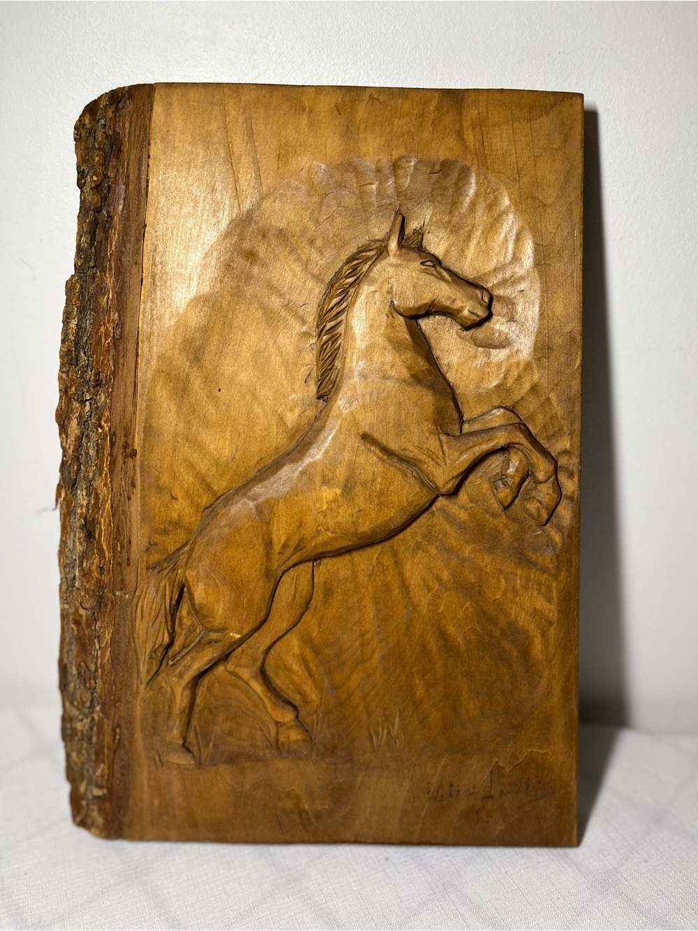Hand-Carved Rearing Horse Wood Plaque 
Natural Wood
Helene Gauthier - signed